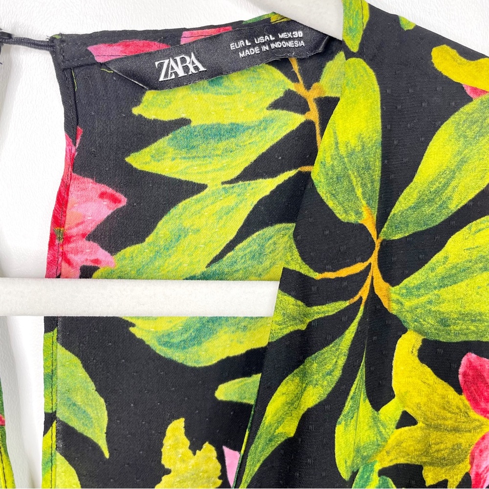 ZARA Tropical Print Jumpsuit Black,  Green, Pink Hibiscus - Picture 9 of 13